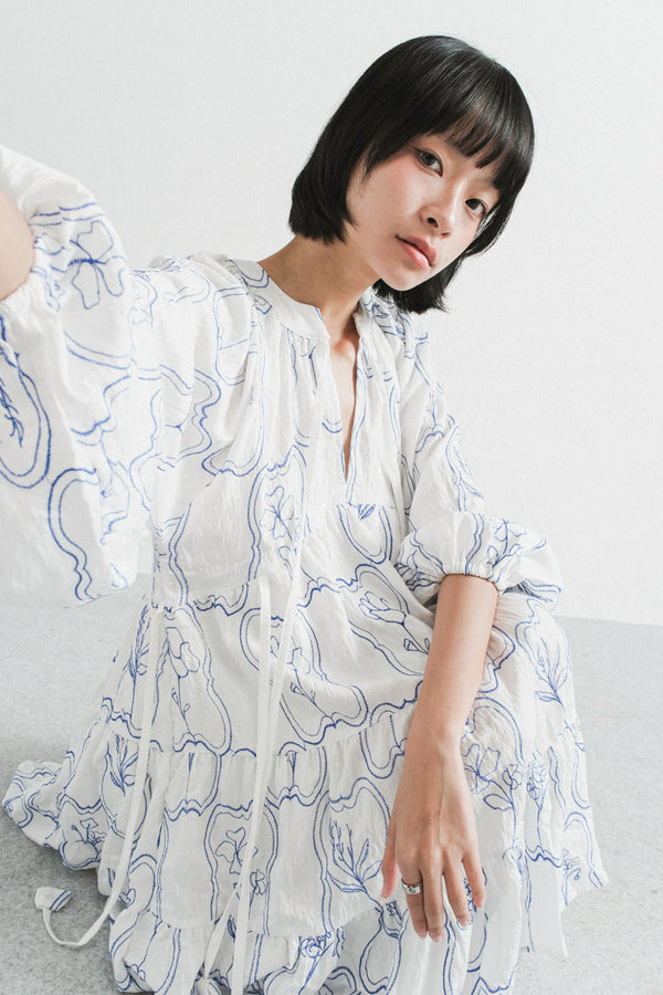 Modera Bohemian Dress in Blue Embroidered