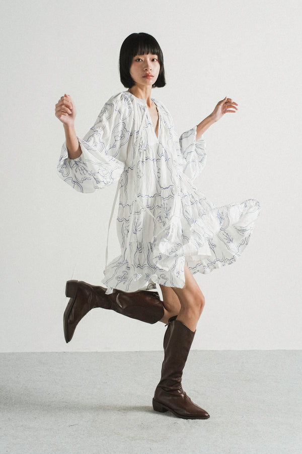 Modera Bohemian Dress in Blue Embroidered