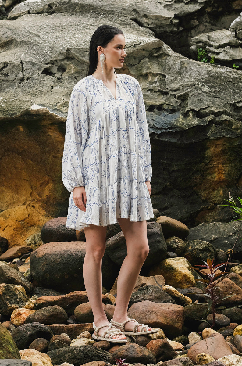 Modera Bohemian Dress in Blue Embroidered