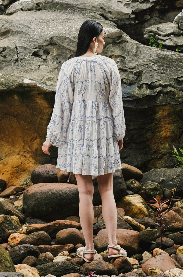 Modera Bohemian Dress in Blue Embroidered