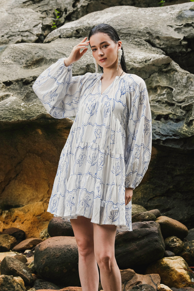 Modera Bohemian Dress in Blue Embroidered