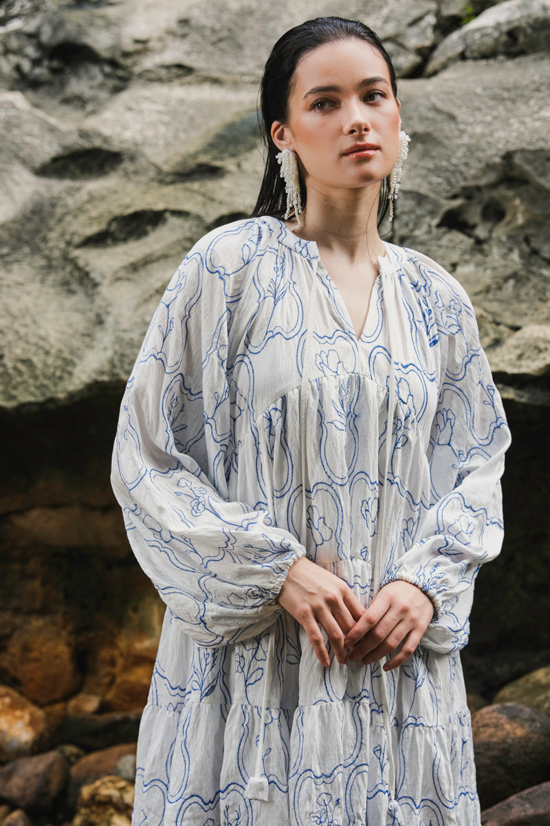 Modera Bohemian Dress in Blue Embroidered