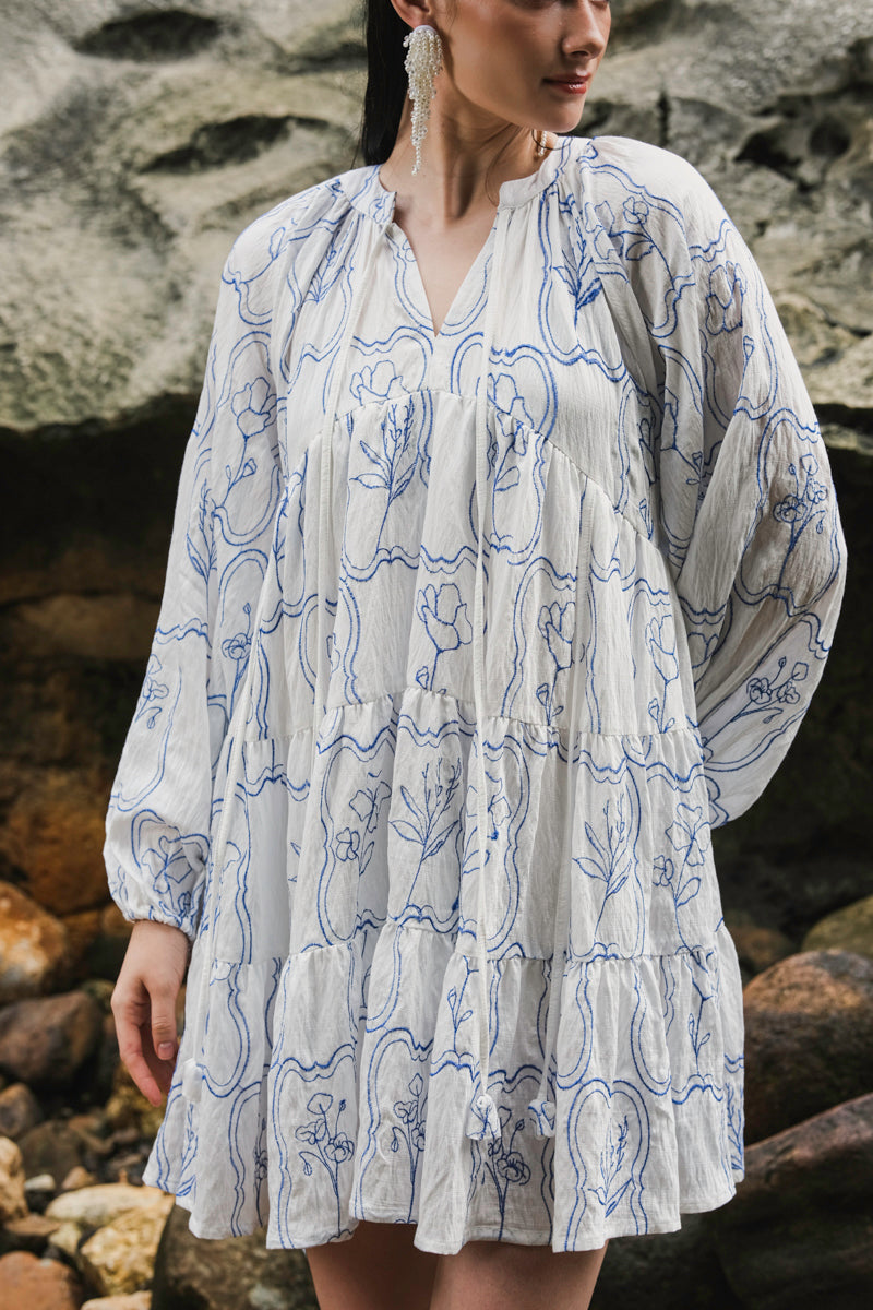 Modera Bohemian Dress in Blue Embroidered