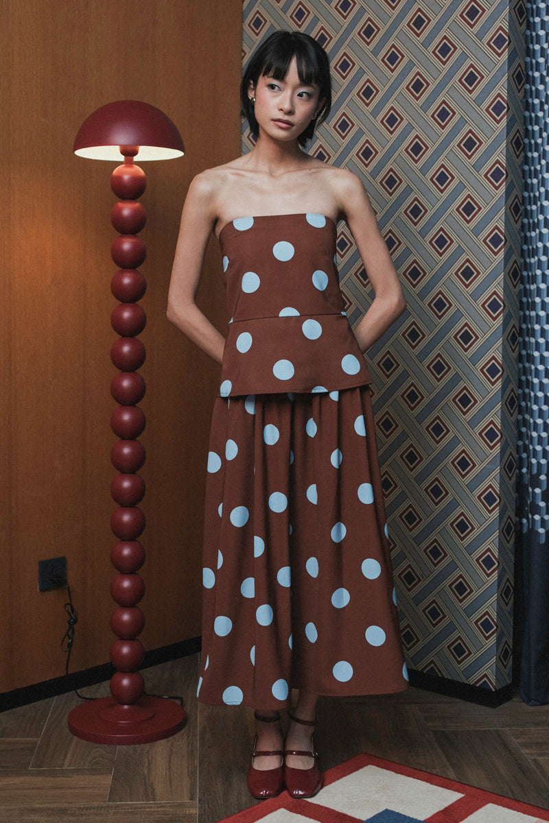 Blair Skirt in Brown Blue Polka