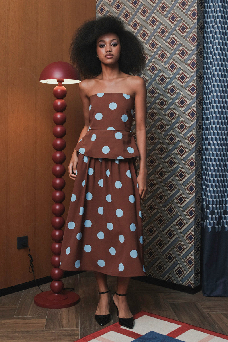 Tube Top in Brown Blue Polka