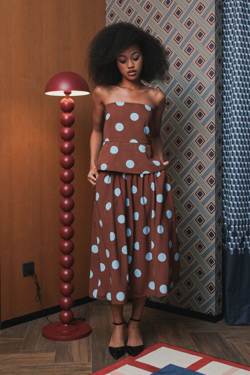 Blair Skirt in Brown Blue Polka