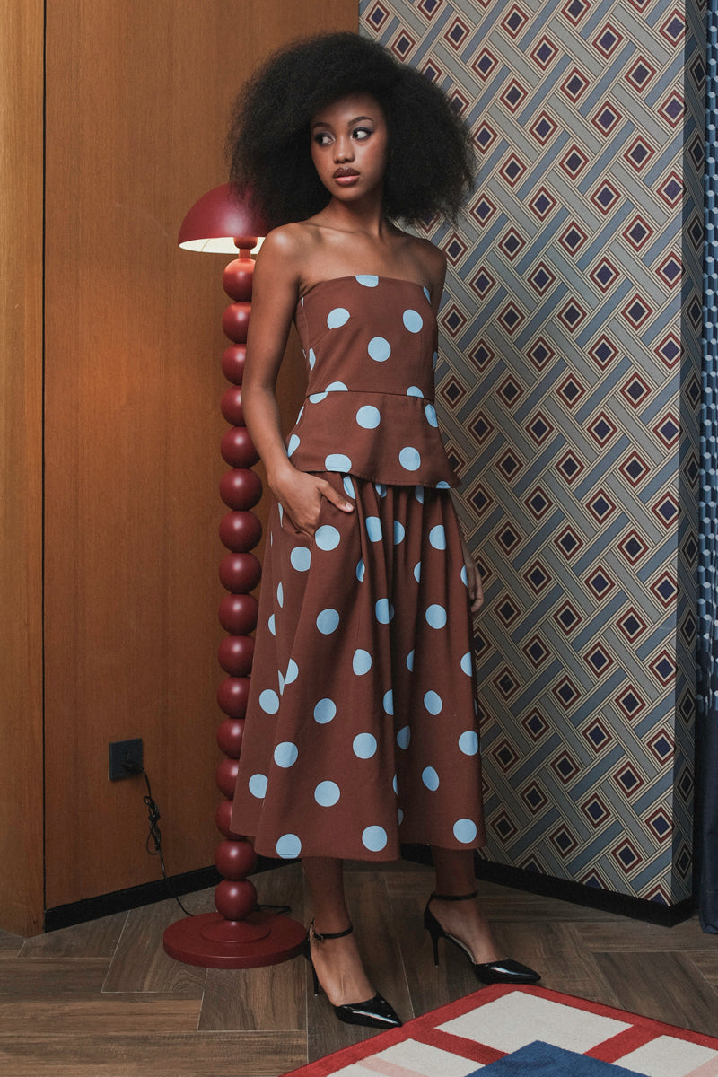 Blair Skirt in Brown Blue Polka