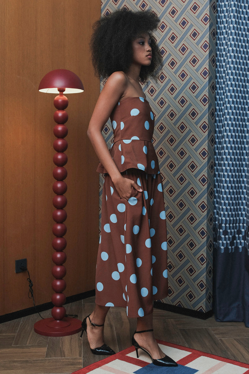 Tube Top in Brown Blue Polka