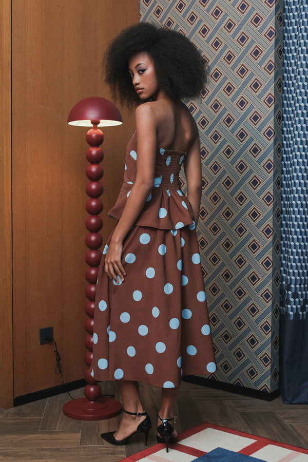 Tube Top in Brown Blue Polka