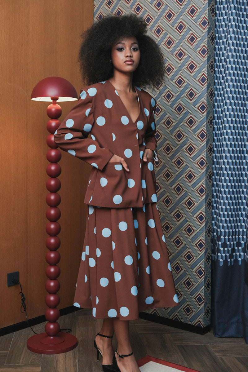 Elle Blazer in Brown Blue Polka