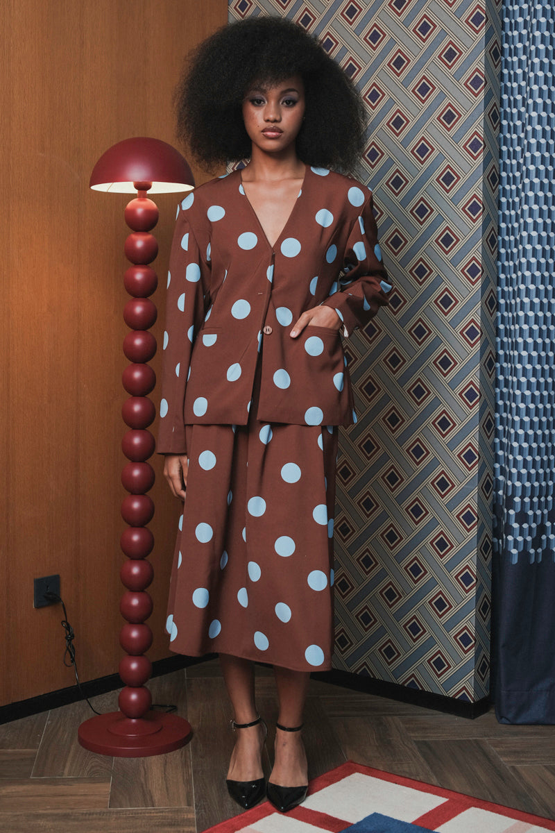 Elle Blazer in Brown Blue Polka