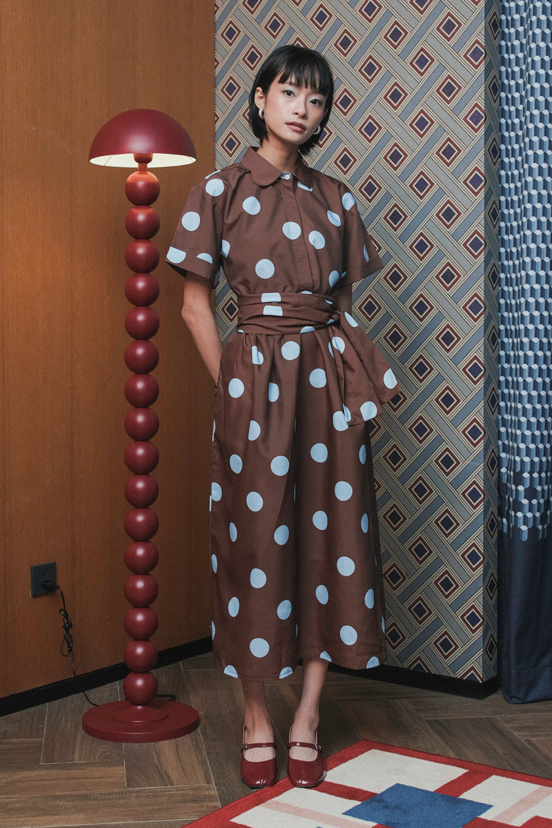 Bella Dress in Brown Blue Polka