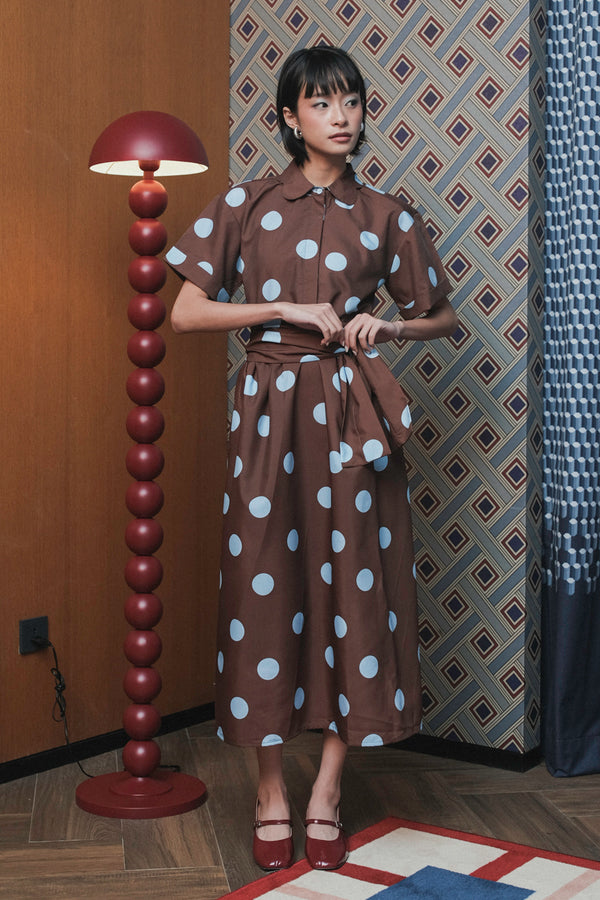Bella Dress in Brown Blue Polka
