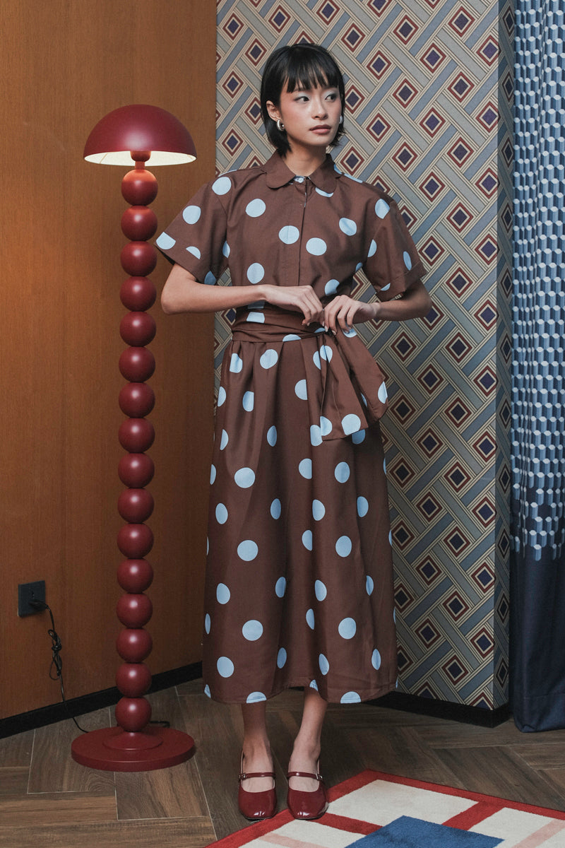 Bella Dress in Brown Blue Polka
