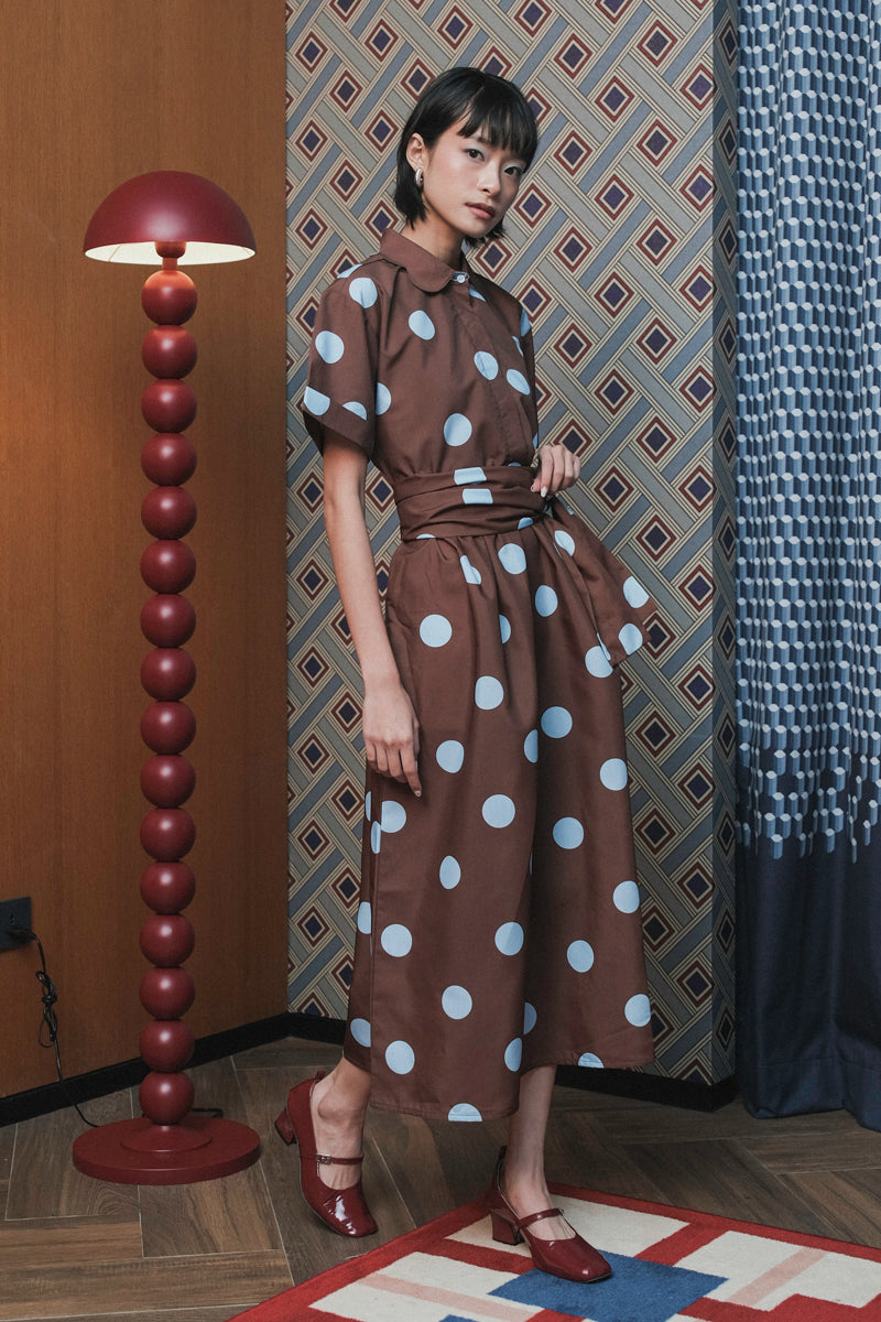 Bella Dress in Brown Blue Polka