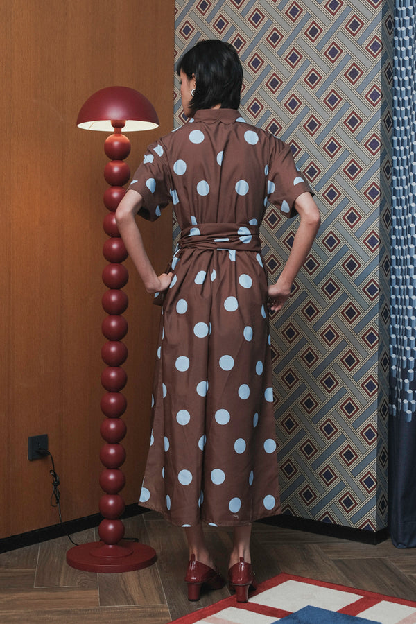 Bella Dress in Brown Blue Polka