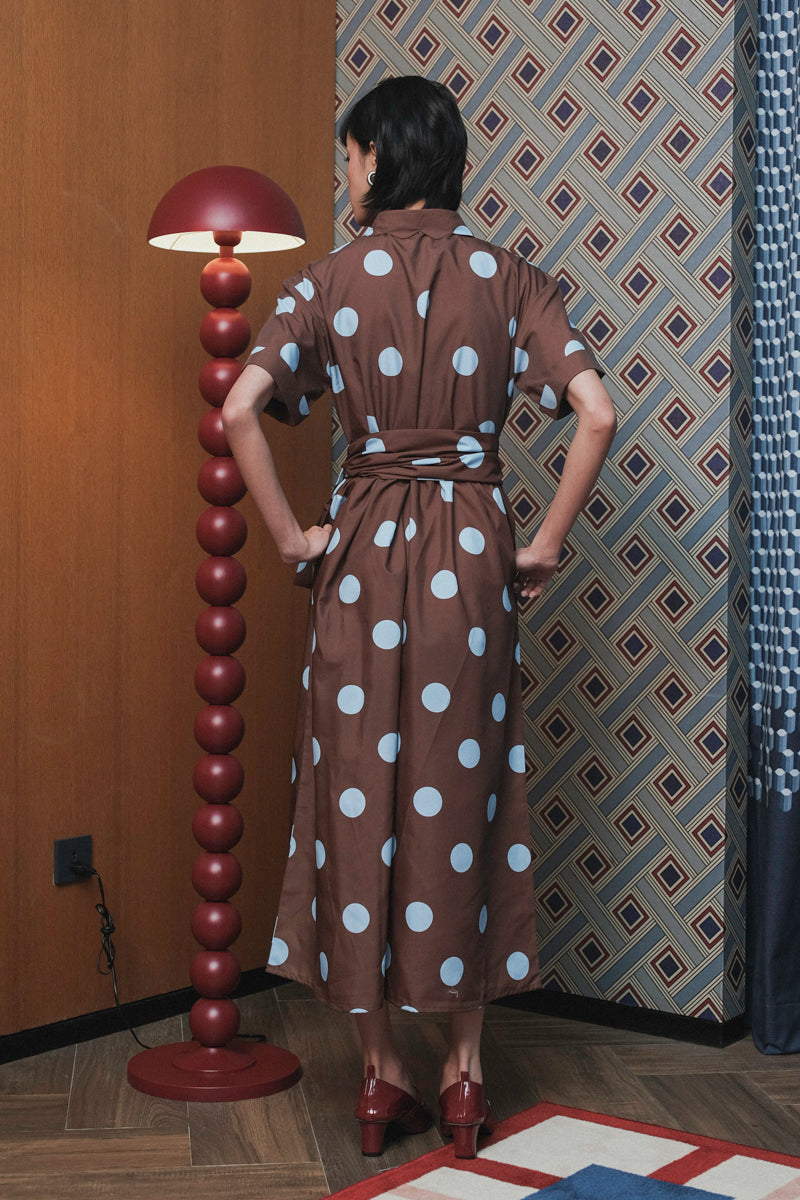 Bella Dress in Brown Blue Polka