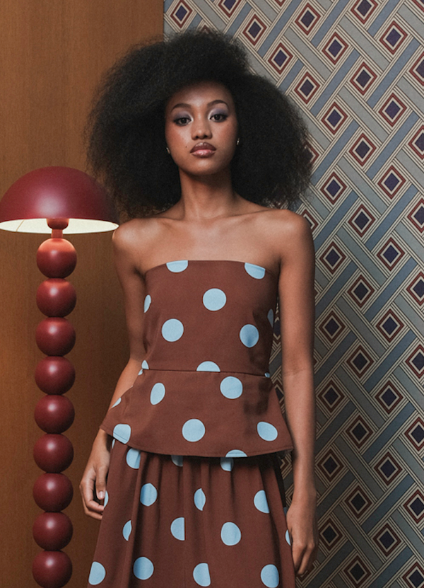 Tube Top in Brown Blue Polka