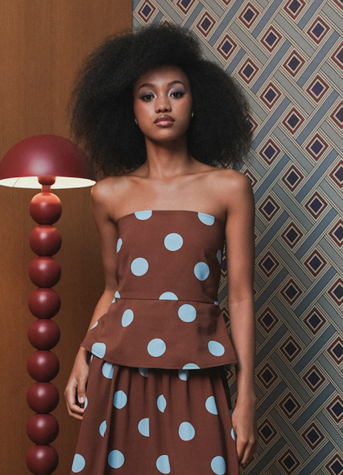 Tube Top in Brown Blue Polka