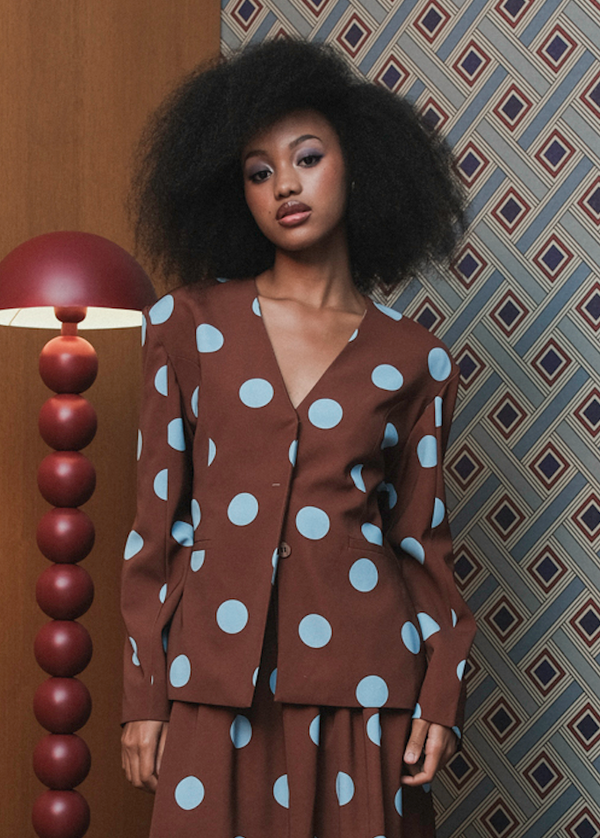 Elle Blazer in Brown Blue Polka